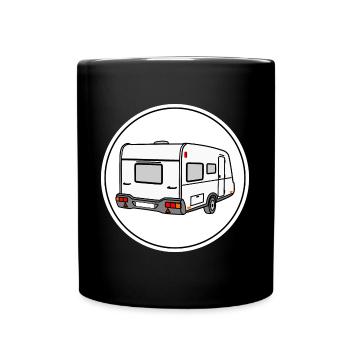 Wohnwagen / Caravan in rundem weißen Logo - Tasse einfarbig - Schwarz - Vorne