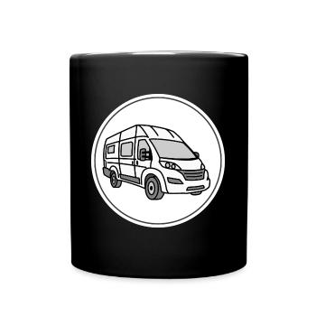 Camping-Kastenwagen / Van in rundem weißen Logo - Tasse einfarbig - Schwarz - Vorne