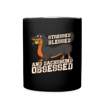 Stressed Blessed & Dachshund Obsessed Weiner Dog - Full Colour Mug - black - Front