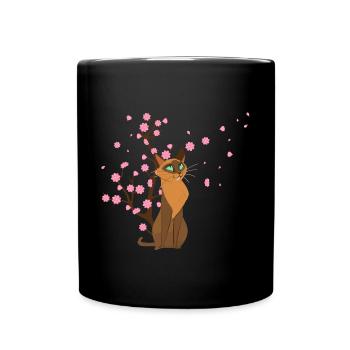 Cherry Blossom Cat Animal Japanese Sakura Flower - Full Colour Mug - black - Front