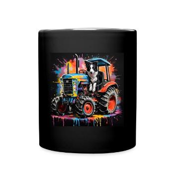 Border Collie Sheepdog on a Tractor - Full Colour Mug - black - Front