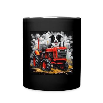 Border Collie Sheepdog on a Vintage Tractor - Full Colour Mug - black - Front