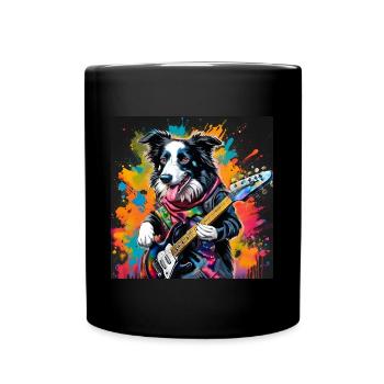 Border Collie Sheepdog Playing Guitar - Full Colour Mug - black - Front