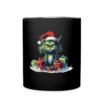 Katze Weihnachten Weihnachtselfe Geschenke Mütze - Tasse einfarbig - Schwarz - Vorne