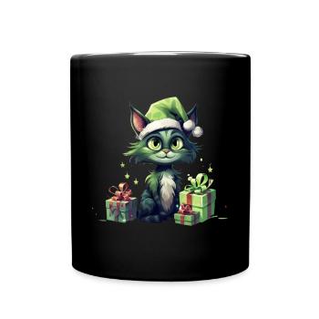 Katze Weihnachten Weihnachtselfe Geschenke Mütze - Tasse einfarbig - Schwarz - Vorne