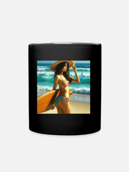 Surferin am Strand - Tasse einfarbig - Schwarz