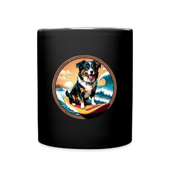 Australian Shepherd Dog Surfing - Full Colour Mug - black - Front