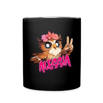 ALESSIA - Schöner Mädchen Name mit süßer EULE - Tasse einfarbig - Schwarz - Vorne
