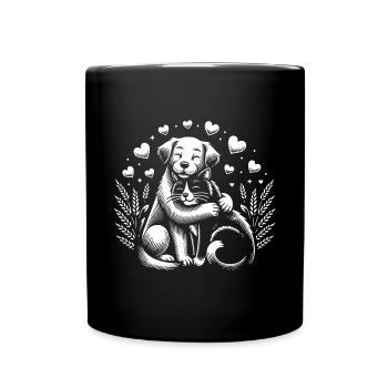 Chien et chat en amour, paix, amitié - Mug uni - noir - Devant