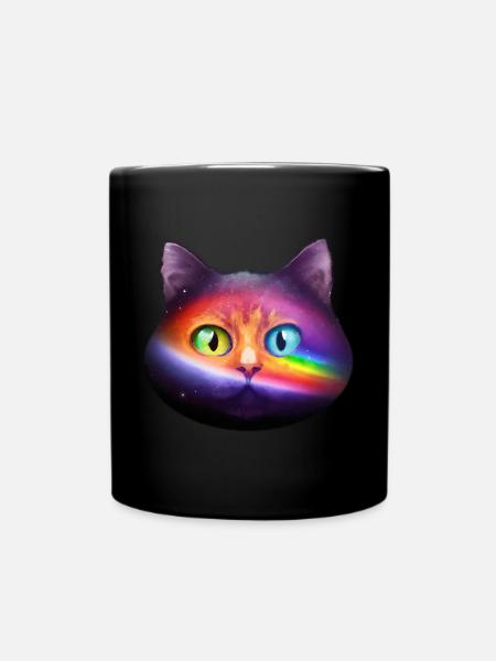 Les chats de l’univers arc-en-ciel font face avec des yeux verts - Mug uni - noir