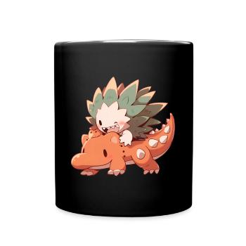 Niedlicher Igel reitet auf Dino - Tasse einfarbig - Schwarz - Vorne