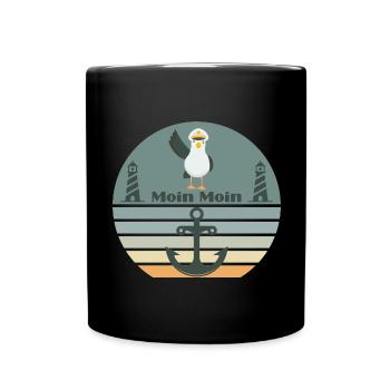 Moin mit Möwen dem Leuchtturm und Anker Moin - Tasse einfarbig - Schwarz - Vorne