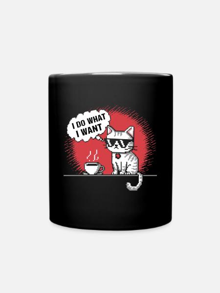 Pixel Cat with Coffee Cup T-Shirt - Full Colour Mug - black
