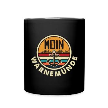MOIN Warnemünde Ostsee mit Leuchtturm - Tasse einfarbig - Schwarz - Vorne