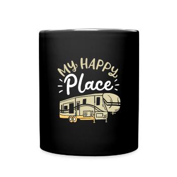 mein glücklicher Ort / Camping, RV Wohnmobil, Zelt - Tasse einfarbig - Schwarz - Vorne