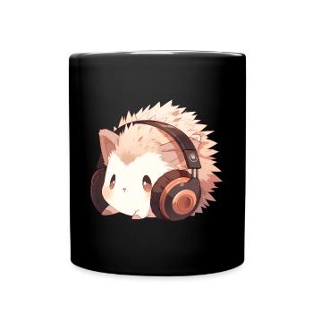 Niedlicher Igel mit Kopfhörern - Tasse einfarbig - Schwarz - Vorne