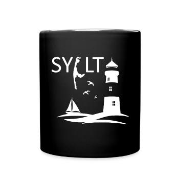 Ein Leuchtturm mit Möwen und Insel Karte von Sylt - Tasse einfarbig - Schwarz - Vorne