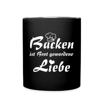 Backen ist Liebe mit Bäckermütze und Herz - Tasse einfarbig - Schwarz - Vorne