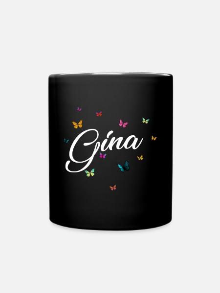 GINA - Mädchen Name mit bunten Schmetterlingen - Tasse einfarbig - Schwarz