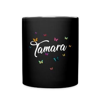 TAMARA - Mädchen Name mit bunten Schmetterlingen - Tasse einfarbig - Schwarz - Vorne