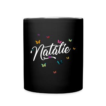 NATALIE - Mädchen Name mit bunten Schmetterlingen - Tasse einfarbig - Schwarz - Vorne