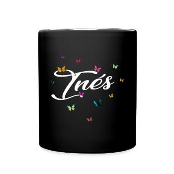 INÉS - Mädchen Name mit bunten Schmetterlingen - Tasse einfarbig - Schwarz - Vorne