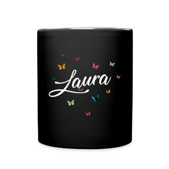 LAURA - Mädchen Name mit bunten Schmetterlingen - Tasse einfarbig - Schwarz - Vorne