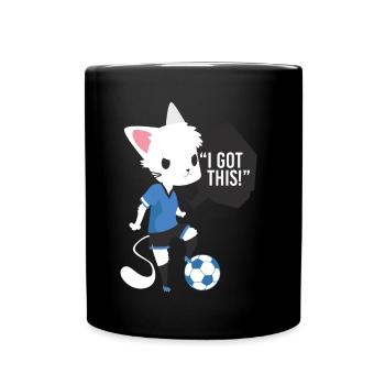 Fußball Ball Katze Geschenk Kinder Comic Cartoon - Tasse einfarbig - Schwarz - Vorne