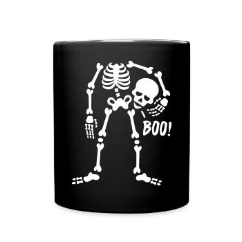 Boo! Skelett, Schädel halten - Halloween - Tasse einfarbig - Schwarz - Vorne