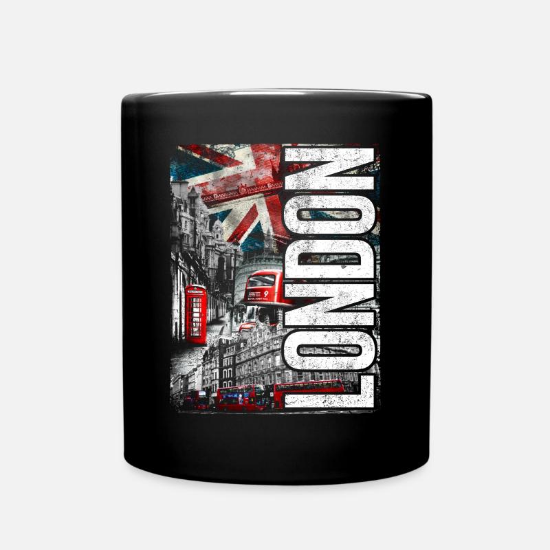 London Collage: Flags, Buses & Bricks - Full Colour Mug - black