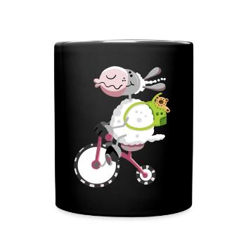 Cute sheep with bike - Full Colour Mug - black - Front