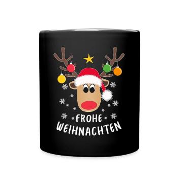 Rentier Gesicht Frohe Weihnachten Schneeflocken - Tasse einfarbig - Schwarz - Vorne