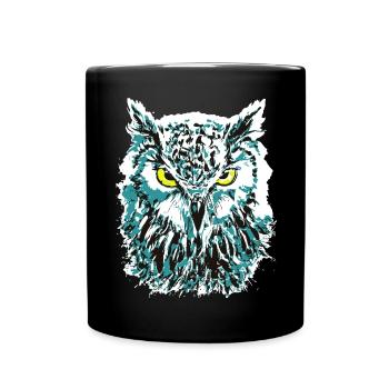 Bunte Eule - Eulenkopf - Kauz - Farbenfrohe Eule - Tasse einfarbig - Schwarz - Vorne