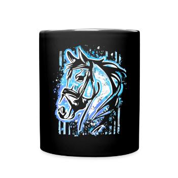 Blaues Pferd - Pferdekopf Zeichnung Pferde Malerei - Tasse einfarbig - Schwarz - Vorne
