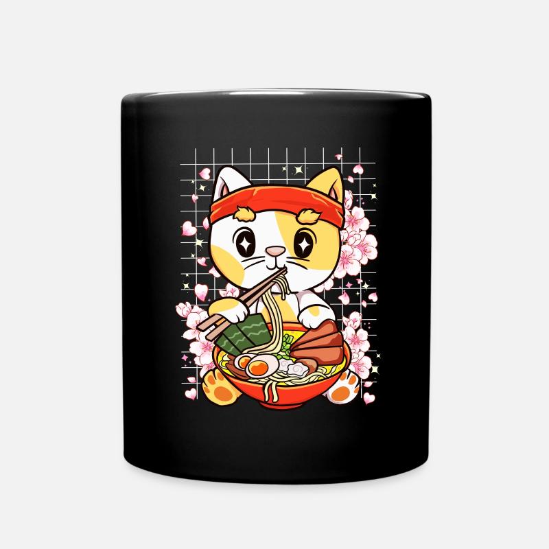 Kitten Eating Ramen Kawaii Anime - Full Colour Mug - black
