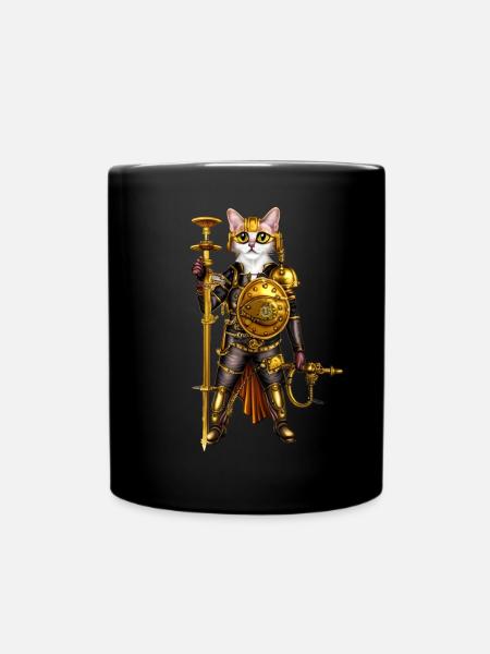 Anime Katze mit Helm, Lang-Schwert - Tasse einfarbig - Schwarz