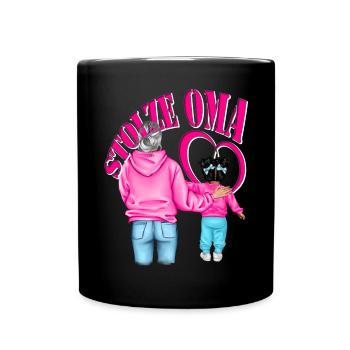 STOLZE OMA Enkelin schwarze Haare Herz Pink - Tasse einfarbig - Schwarz - Vorne