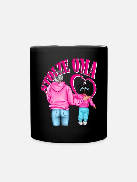 STOLZE OMA Enkelin schwarze Haare Herz Pink - Tasse einfarbig - Schwarz