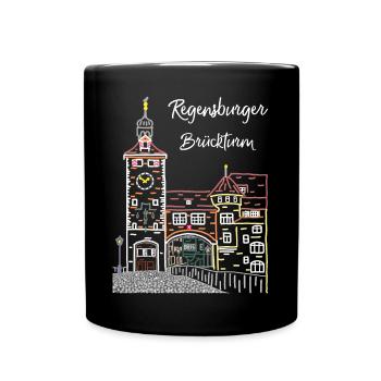 Regensburg, Brückturm, Strichzeichnung, Bayern - Tasse einfarbig - Schwarz - Vorne