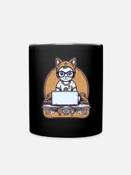 Techy Cat at Desk - Full Colour Mug - black