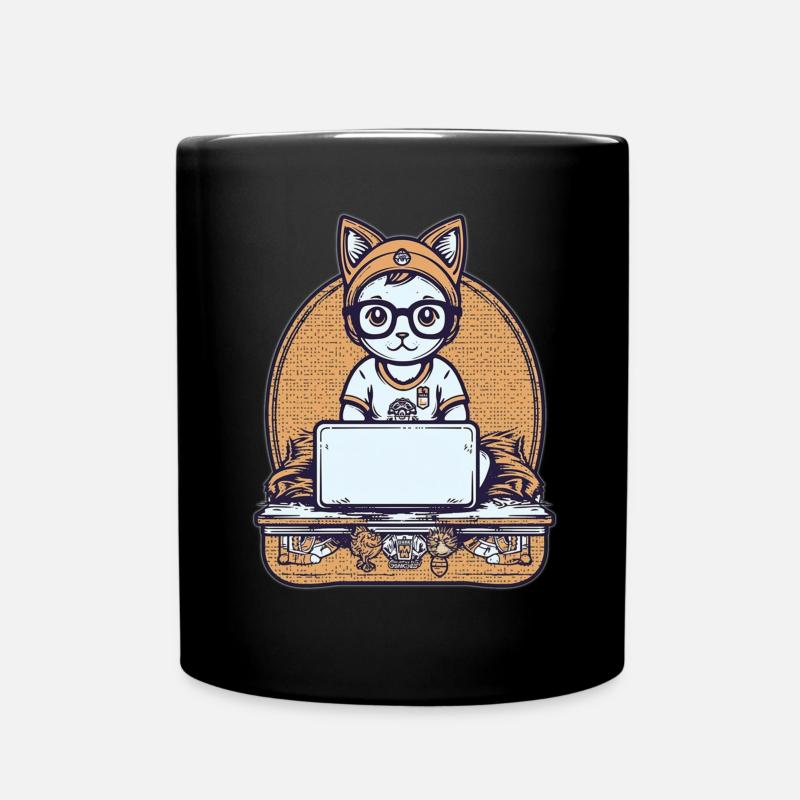 Techy Cat at Desk - Full Colour Mug - black