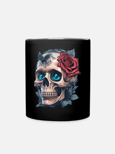 Totenkopf mit Rosen - Tasse einfarbig - Schwarz