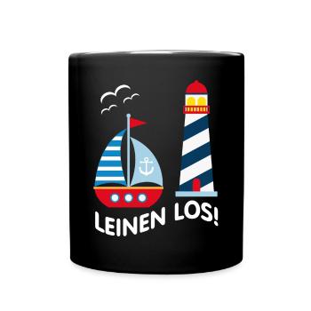 Leinen Los - Leuchtturm, Segelboot und Möwen - Tasse einfarbig - Schwarz - Vorne