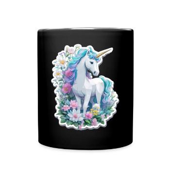 Einhorn im Blumengarten - Tasse einfarbig - Schwarz - Vorne