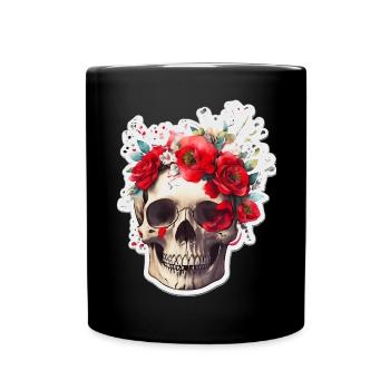 Totenkopf mit roten Blumen - Tasse einfarbig - Schwarz - Vorne