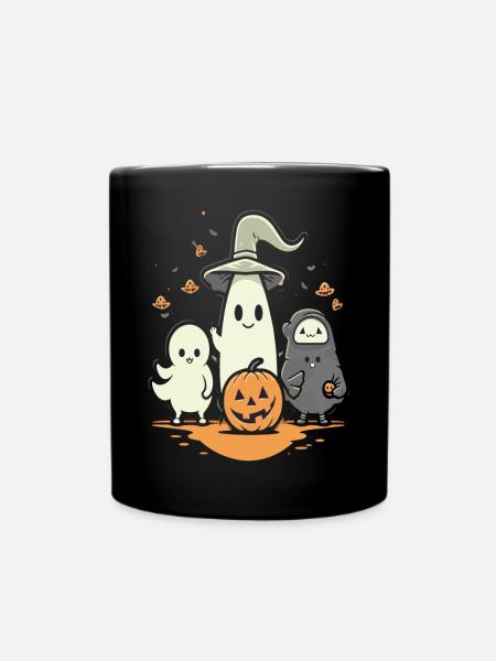 Cuddly Halloween Ghosts with Pumpkin - Full Colour Mug - black