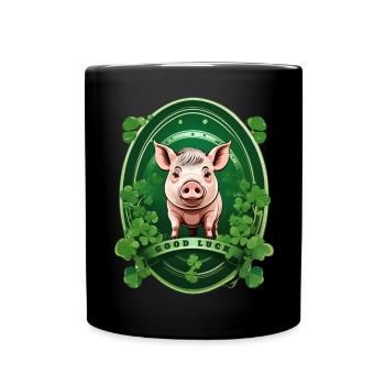 Glücksschwein mit Kleeblätter - Tasse einfarbig - Schwarz - Vorne