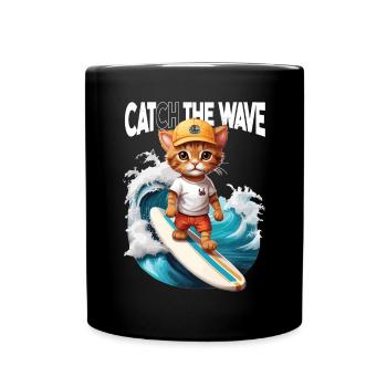 Katzen-Surfer Catch the Wave - Tasse einfarbig - Schwarz - Vorne
