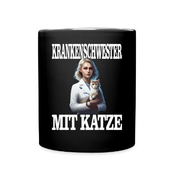 Krankenschwester mit Katze - schönes Katzen Design - Tasse einfarbig - Schwarz - Vorne