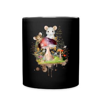 Two cute mice playing with colorful mushrooms - Full Colour Mug - black - Front